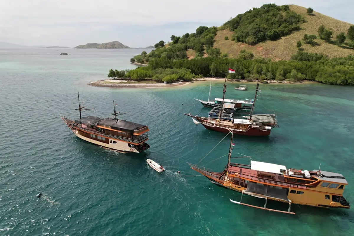 Traditional liveaboard anchored off a Wakatobi island at dawn